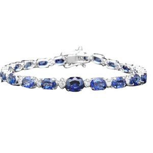 14.50 Natural Blue Sapphire and Diamond 14K Solid White Gold Bracelet